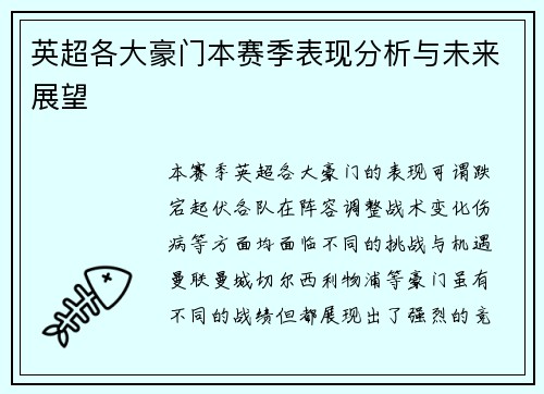 英超各大豪门本赛季表现分析与未来展望