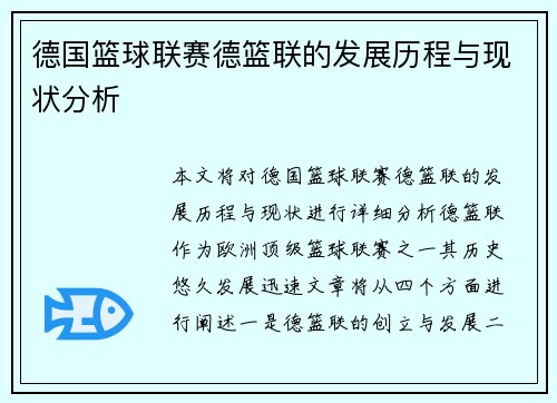 德国篮球联赛德篮联的发展历程与现状分析