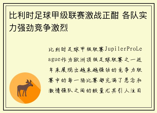 比利时足球甲级联赛激战正酣 各队实力强劲竞争激烈