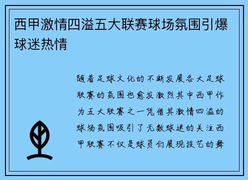西甲激情四溢五大联赛球场氛围引爆球迷热情