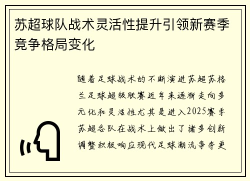 苏超球队战术灵活性提升引领新赛季竞争格局变化